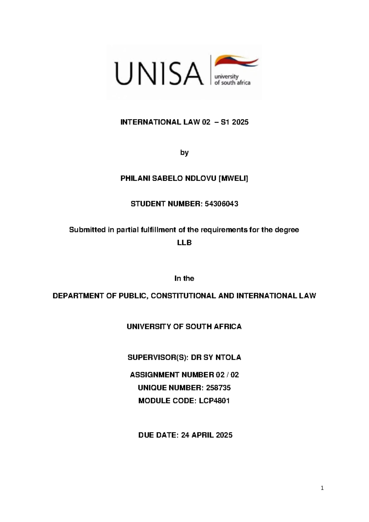 LCP4801 S1 2025 Assignment 2: Analysis of International Law Principles ...