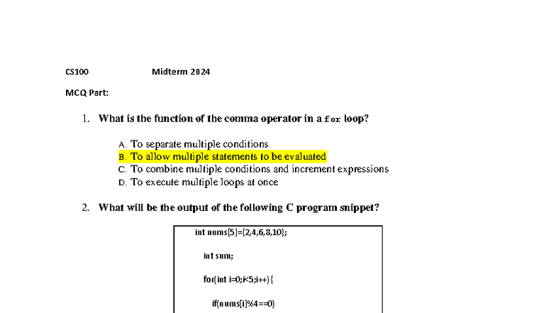 Midterm 2024 CS100 MCQ Questions & Answers - Studocu