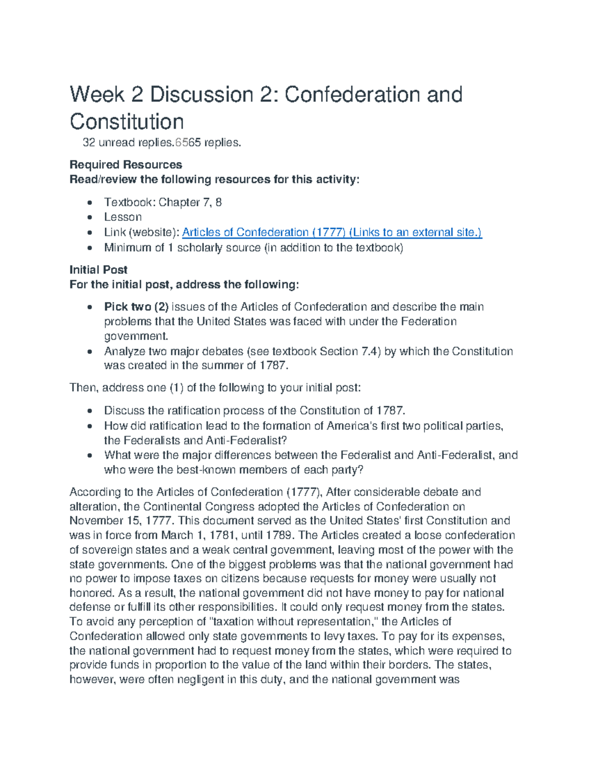 Week 2 Discussion 2: Confederation Challenges & Constitution Debates ...