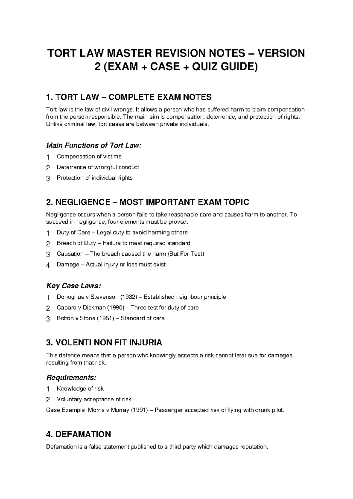 TORT LAW MASTER REVISION NOTES V2 (EXAM CASE QUIZ GUIDE) - Studocu