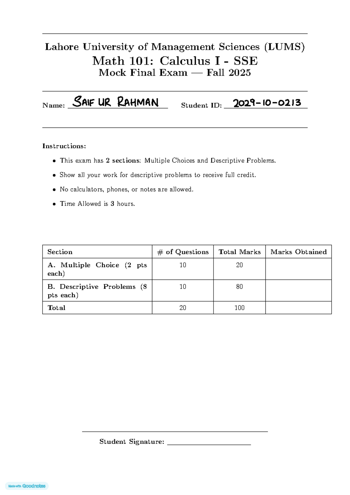 LUMS Math 101: Calculus I Mock Final Exam Solutions Fall 2025 - Studocu