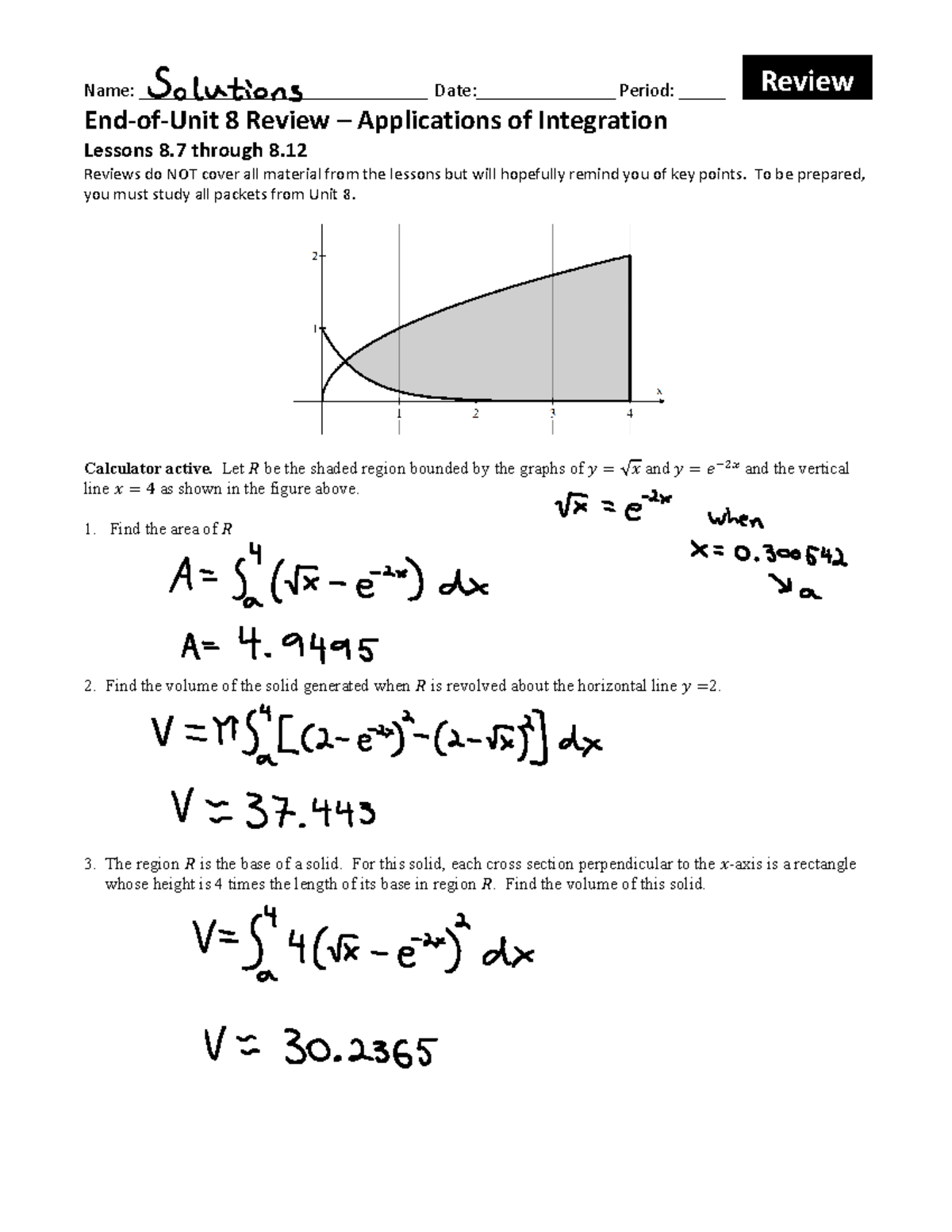 Calculus 101: Unit 8 Review Solutions on Integration Applications - Studocu