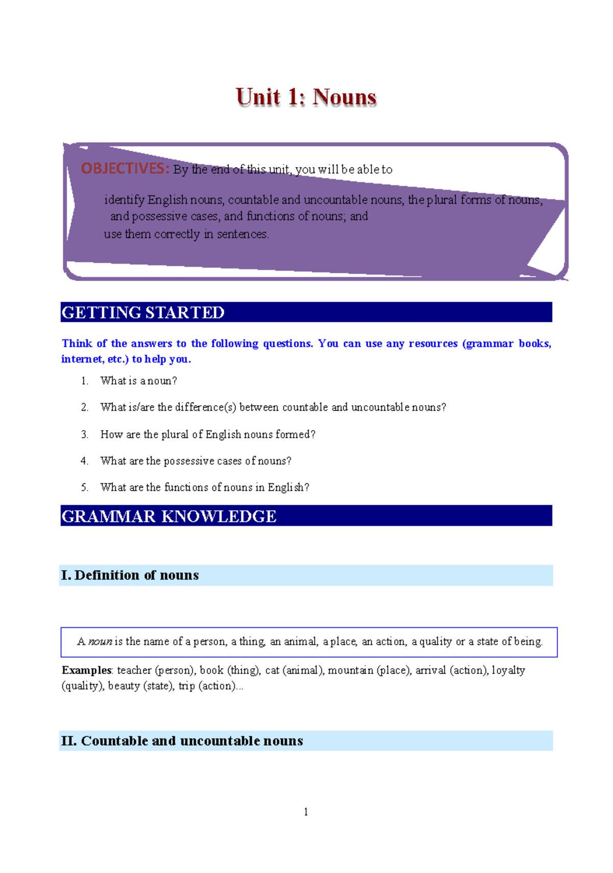 Grammar in Use: Nouns & Pronouns - Unit 1 & 2 Overview - Studocu