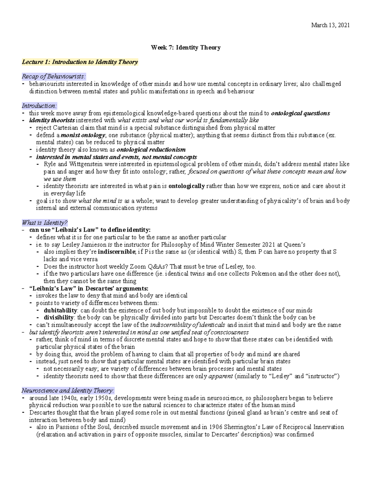 PHIL351 Week 7 Notes - Identity Theory - Week 7: Identity Theory ...