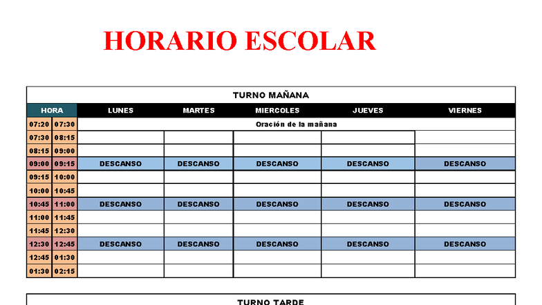Horario Escolar 2025 - Turno Mañana y Tarde - Studocu