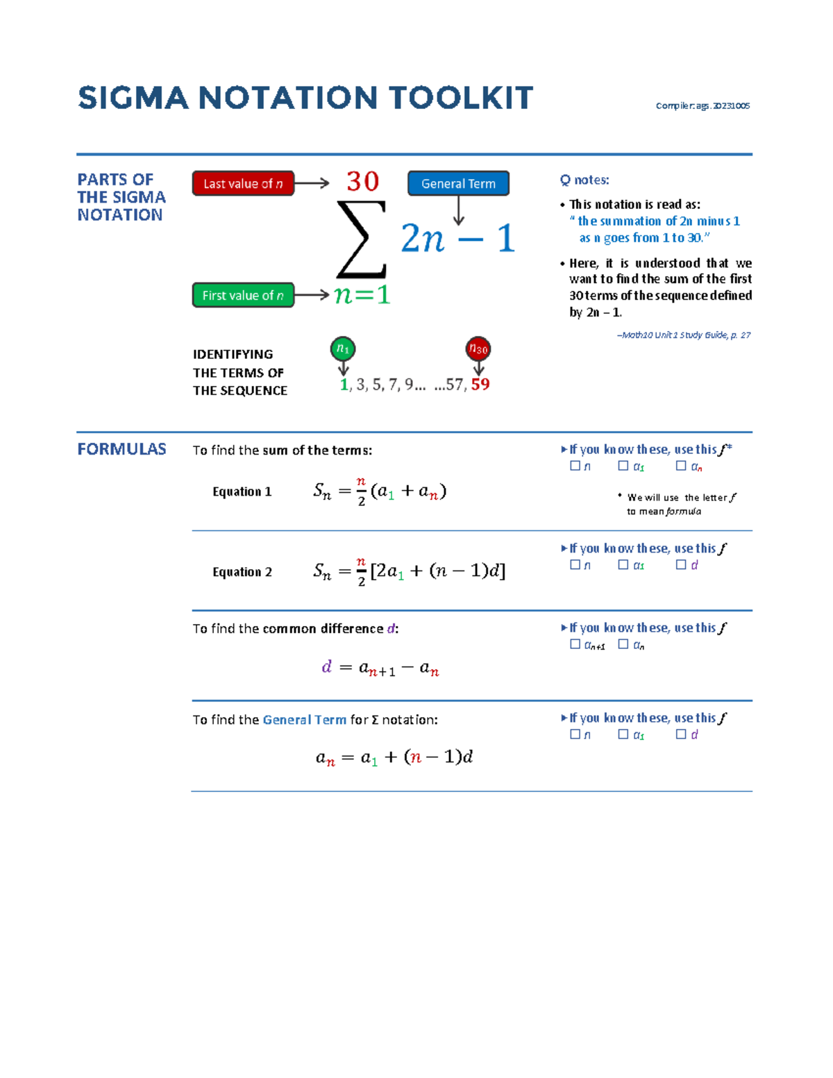 Sigma Notation Toolkit 231005 - SIGMA NOTATION TOOLKIT Compiler: ags ...