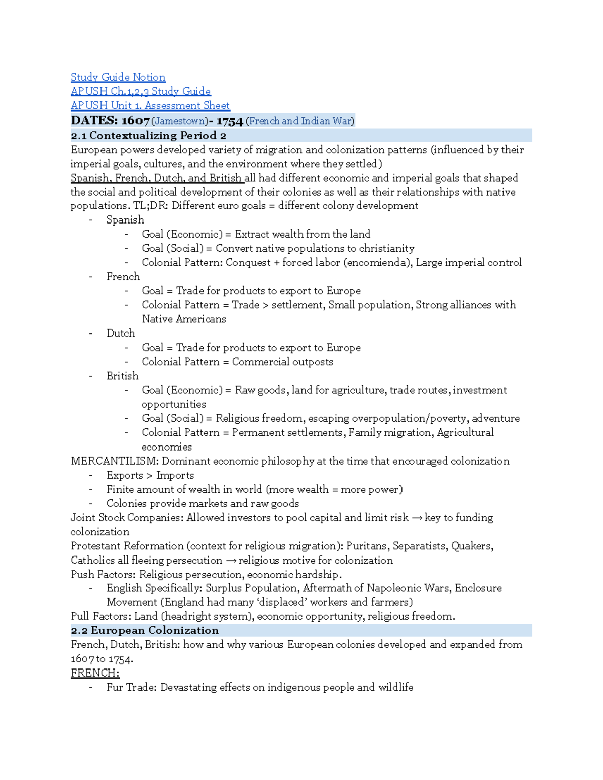APUSH Study Guide: Unit 1 (Ch. 1-3) Overview and Key Concepts - Studocu