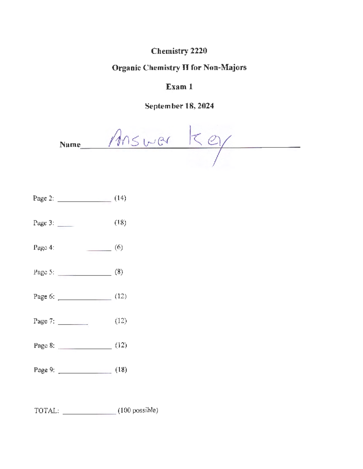 Organic Chem II (Chem 2220) F24 Exam 1 Answer Key (Sept 2024) - Studocu
