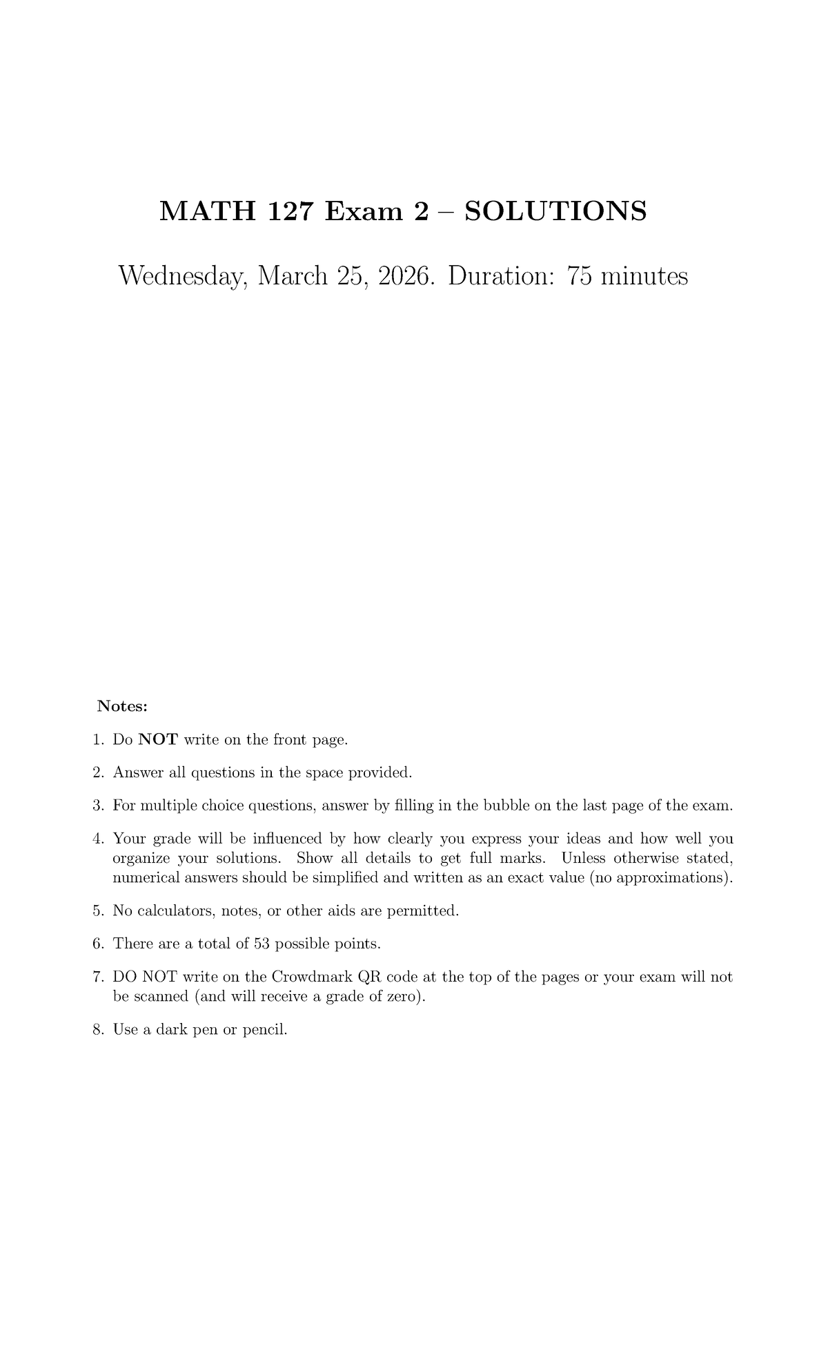 MATH 127 Exam 2 SOLUTIONS - March 25, 2026 - Studocu