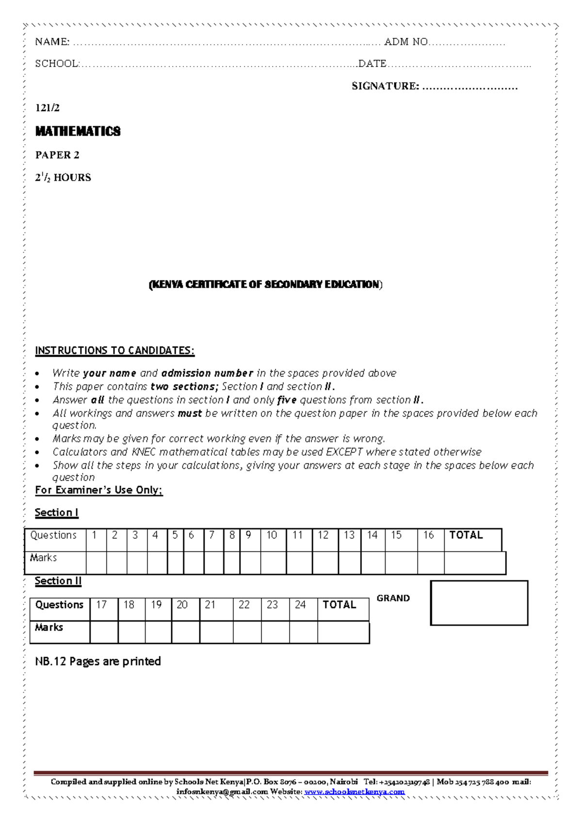 Mathematics Paper 2 Form 3 Term 1 Exam 2018 (KCSE) - Studocu