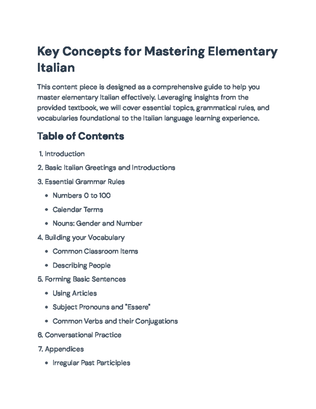 Elementary Italian Mastery: Essential Concepts & Grammar Guide - Studocu