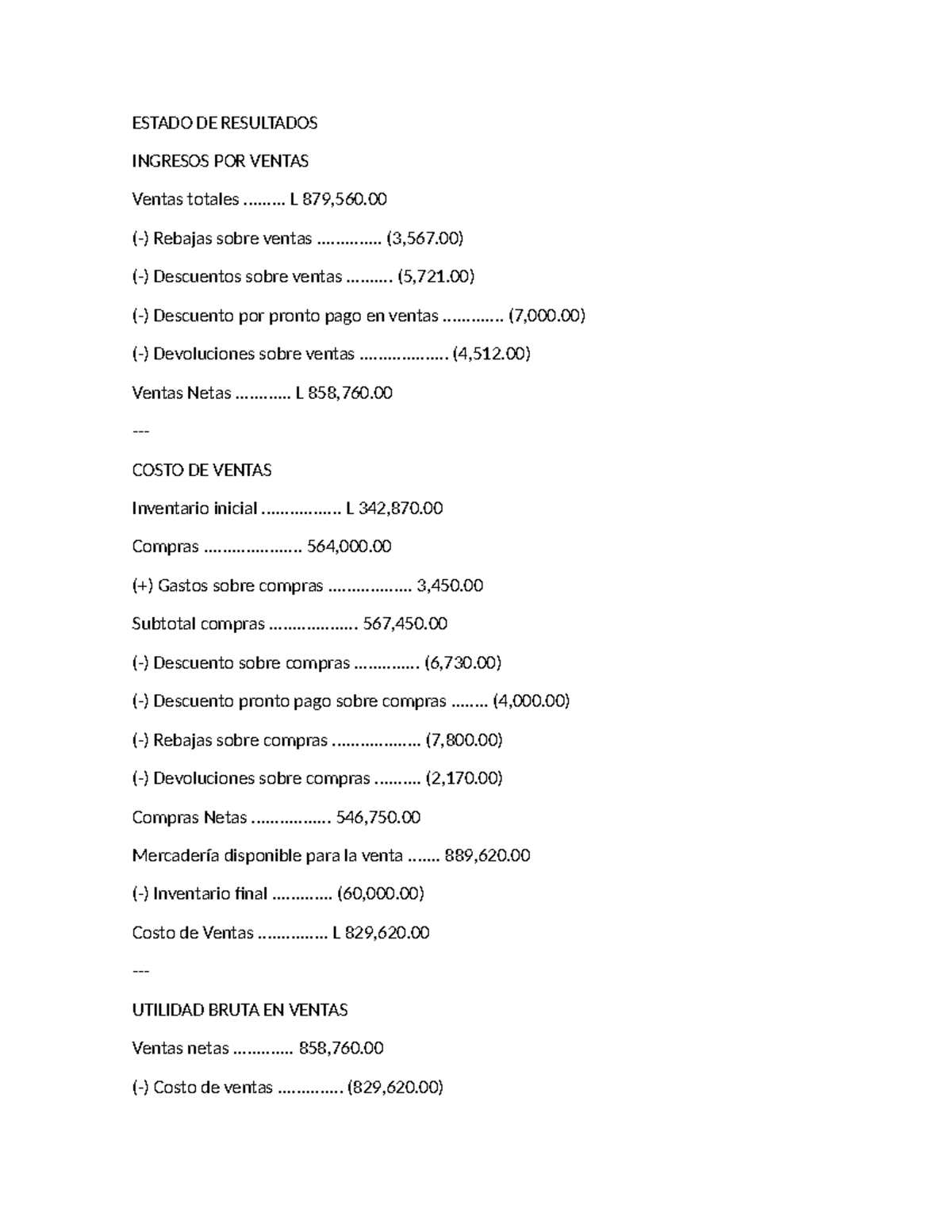 Ejercicio 2: Examen de Contabilidad - Estado de Resultados - Studocu