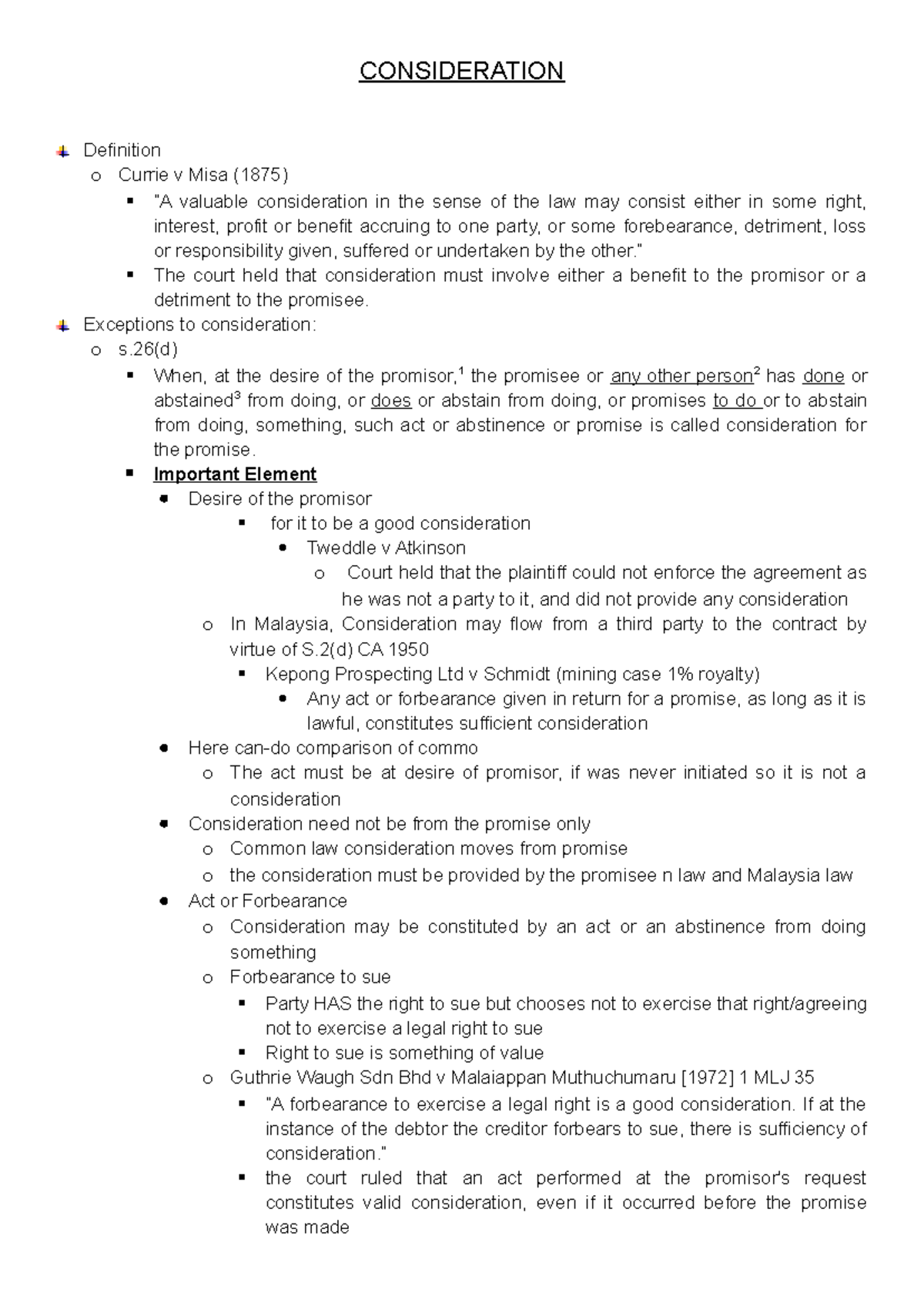 Consideration in Law: Key Cases and Principles (LAW 101) - Studocu