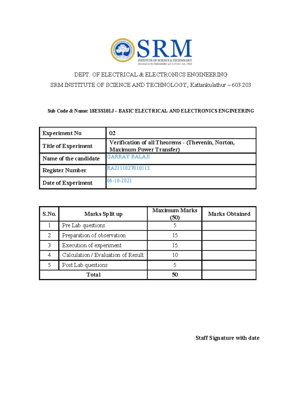 BEEE EXPERIMENT 2 - DEPT. OF ELECTRICAL & ELECTRONICS ENGINEERING SRM ...