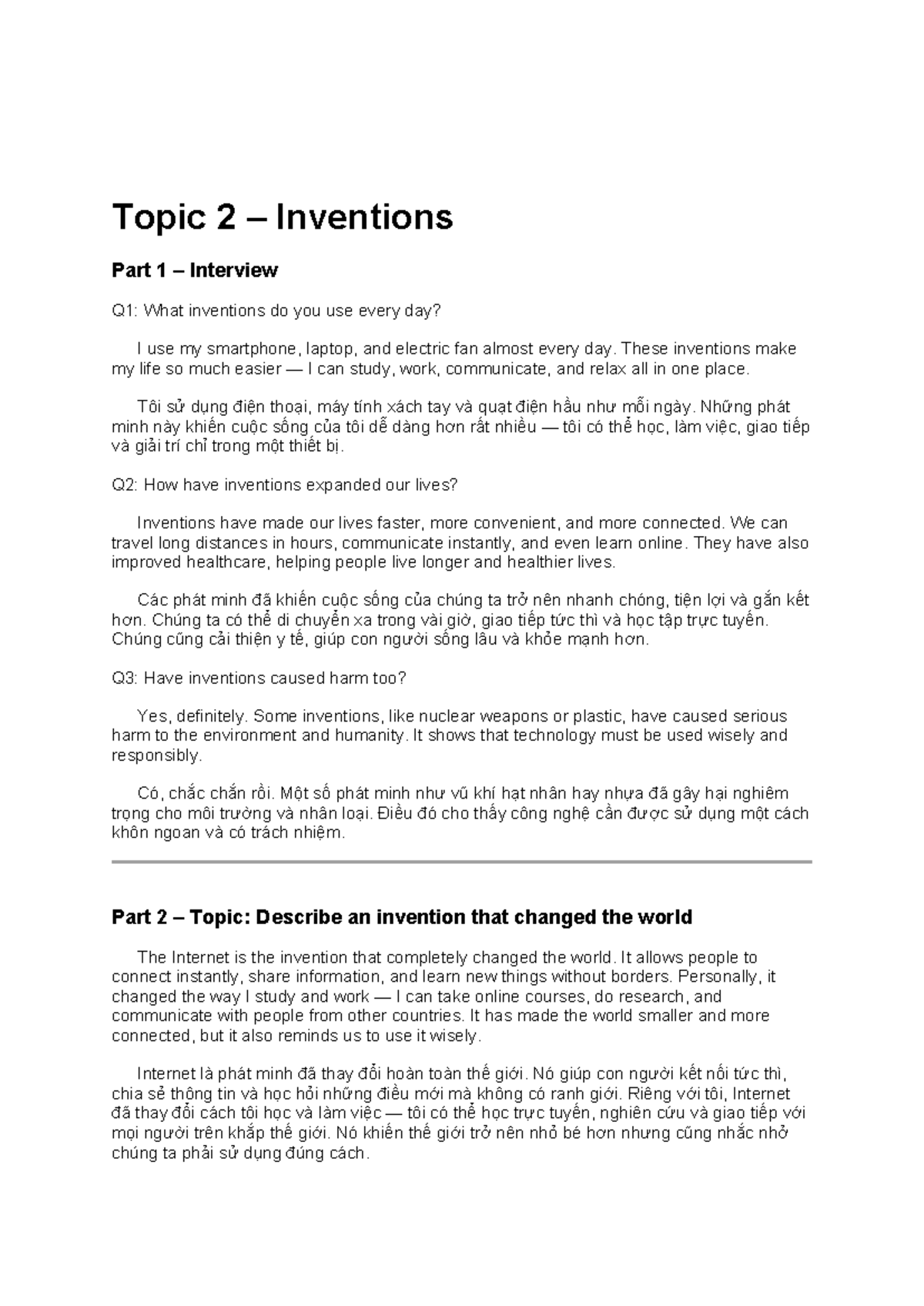 Topic 2: Inventions and Their Impact - Interview Insights (Thuyết trình ...