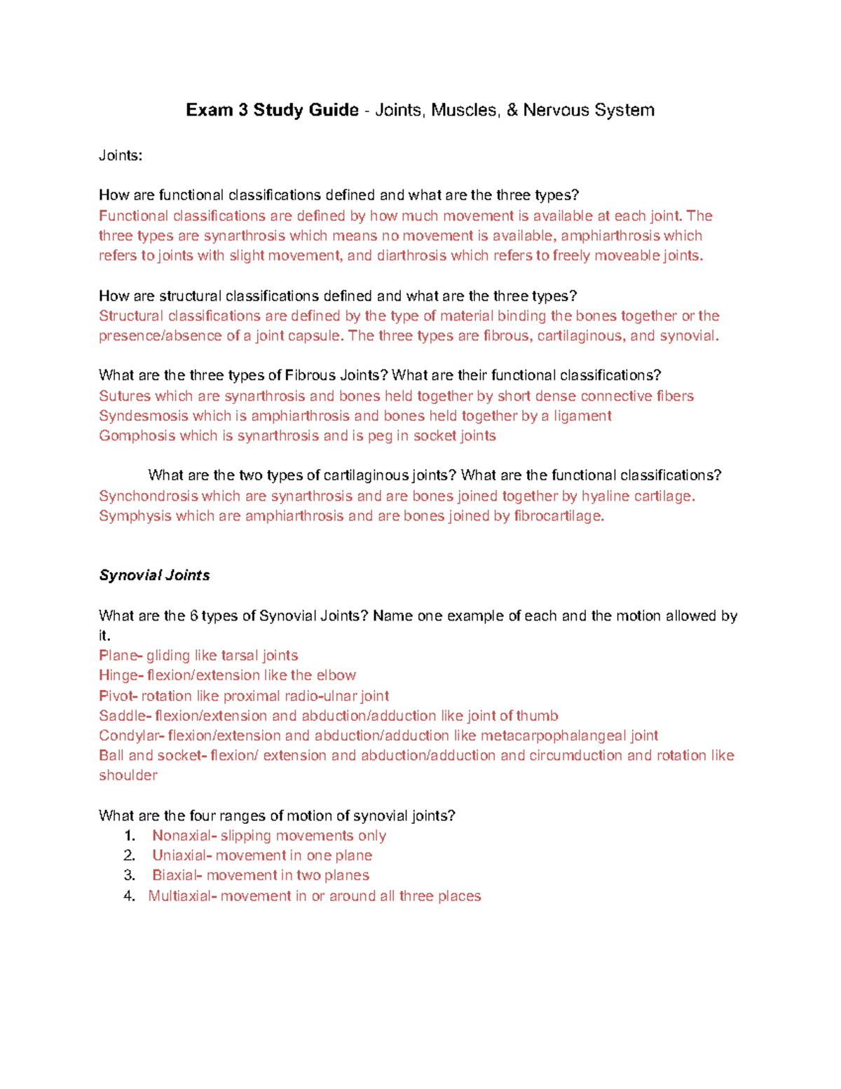 Exam 3 Study Guide - Joints, Muscles, & Nervous System Concepts - Studocu