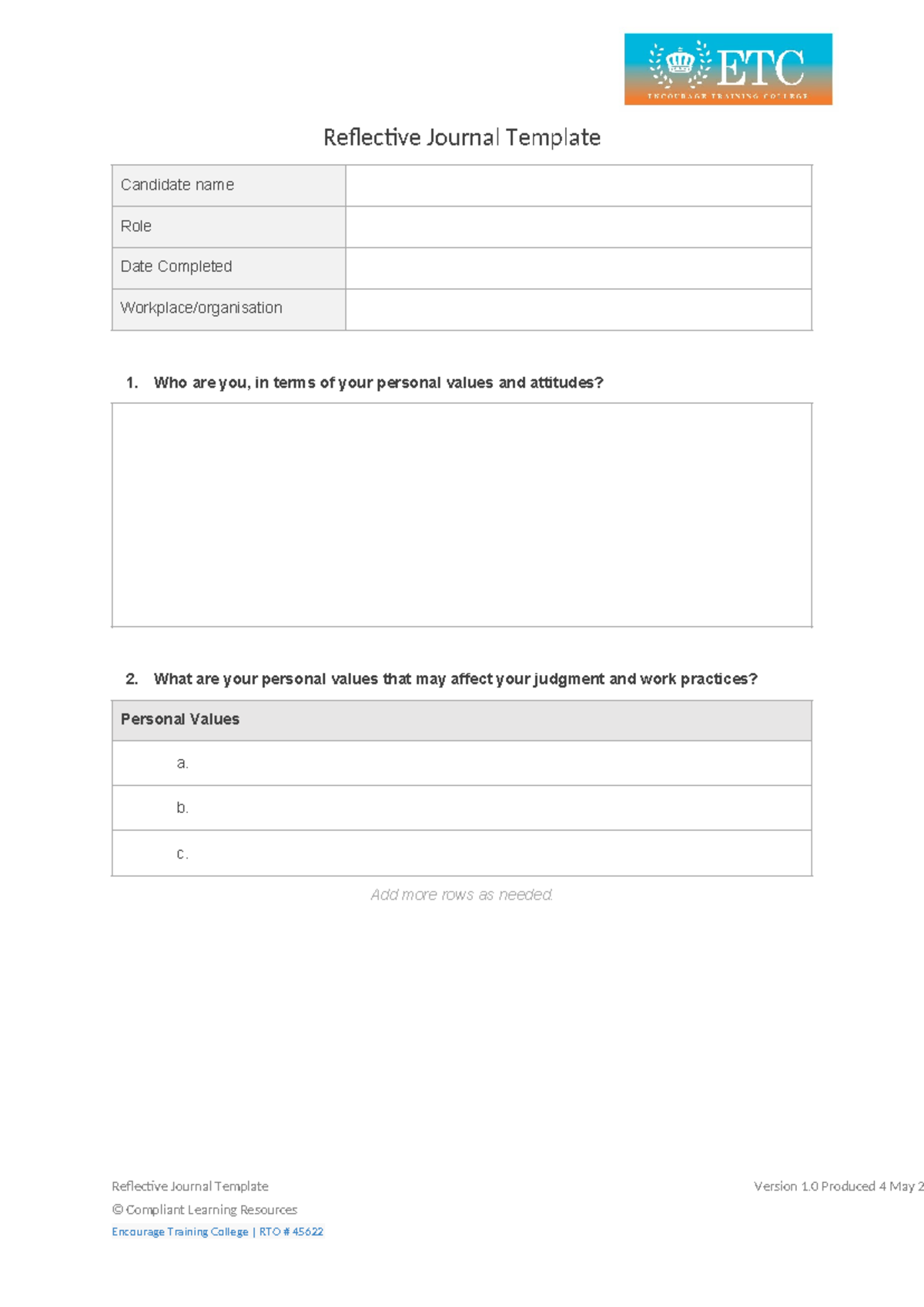 Reflective Journal Template for Personal Values & Attitudes - Studocu