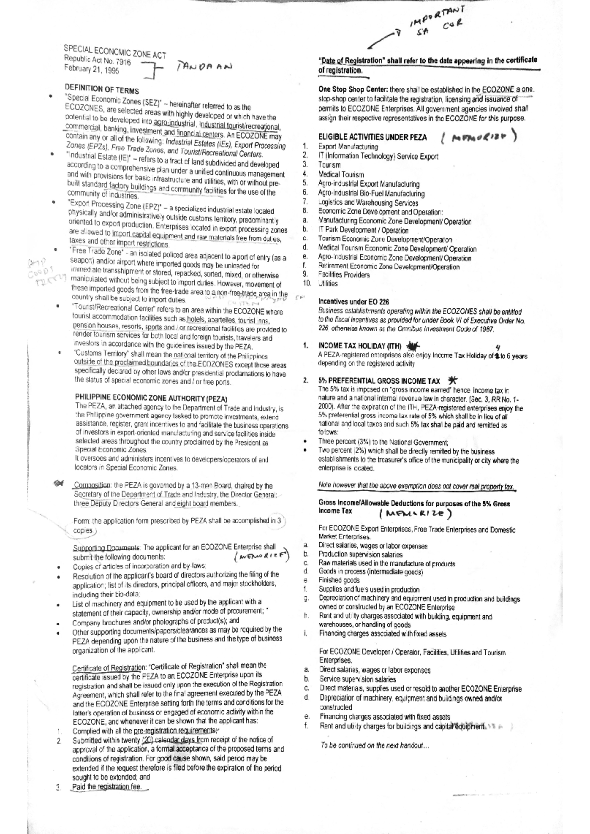 TAX - Taxation - IMPORTANT SA SPECIAL ECONOMIC ZONE ACT Republic Act No ...