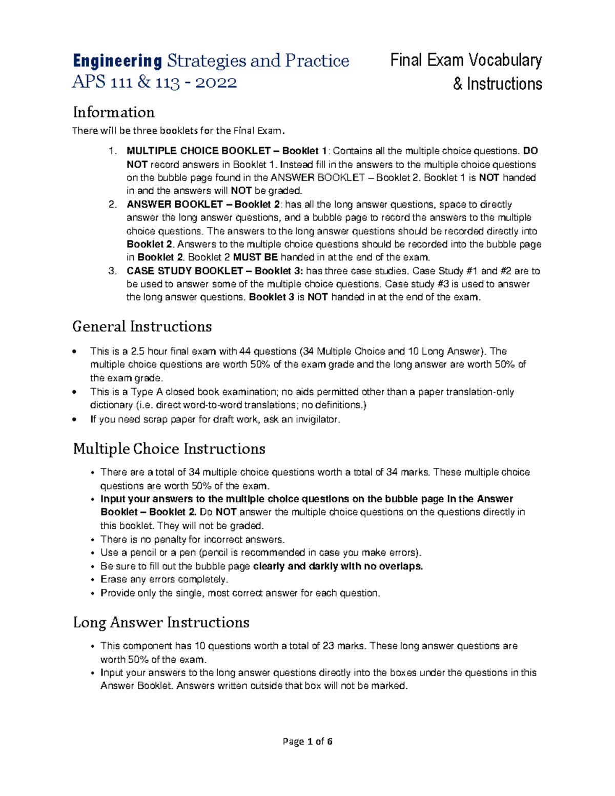2022 - APS111 - Final Exam Vocabulary and Instructions Guide - Studocu