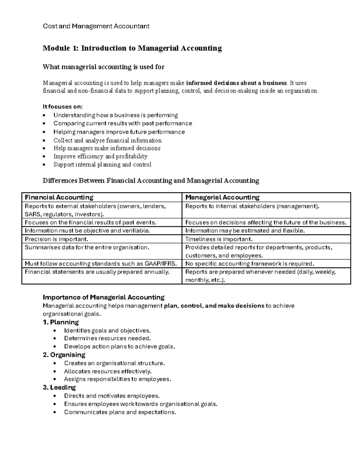 Cost & Management ACC Module 1: Intro to Managerial Accounting Summary ...