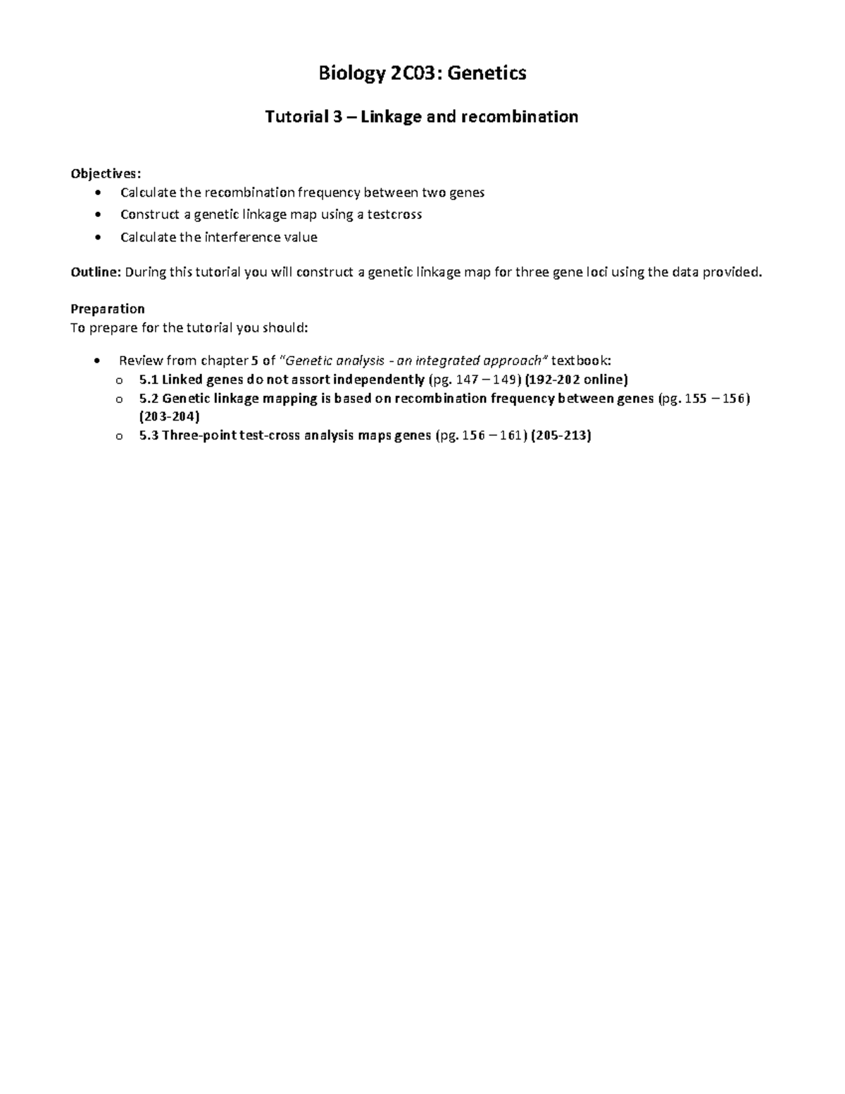 Biology 2C03: Genetics Tutorial 3 - Linkage & Recombination Guide - Studocu