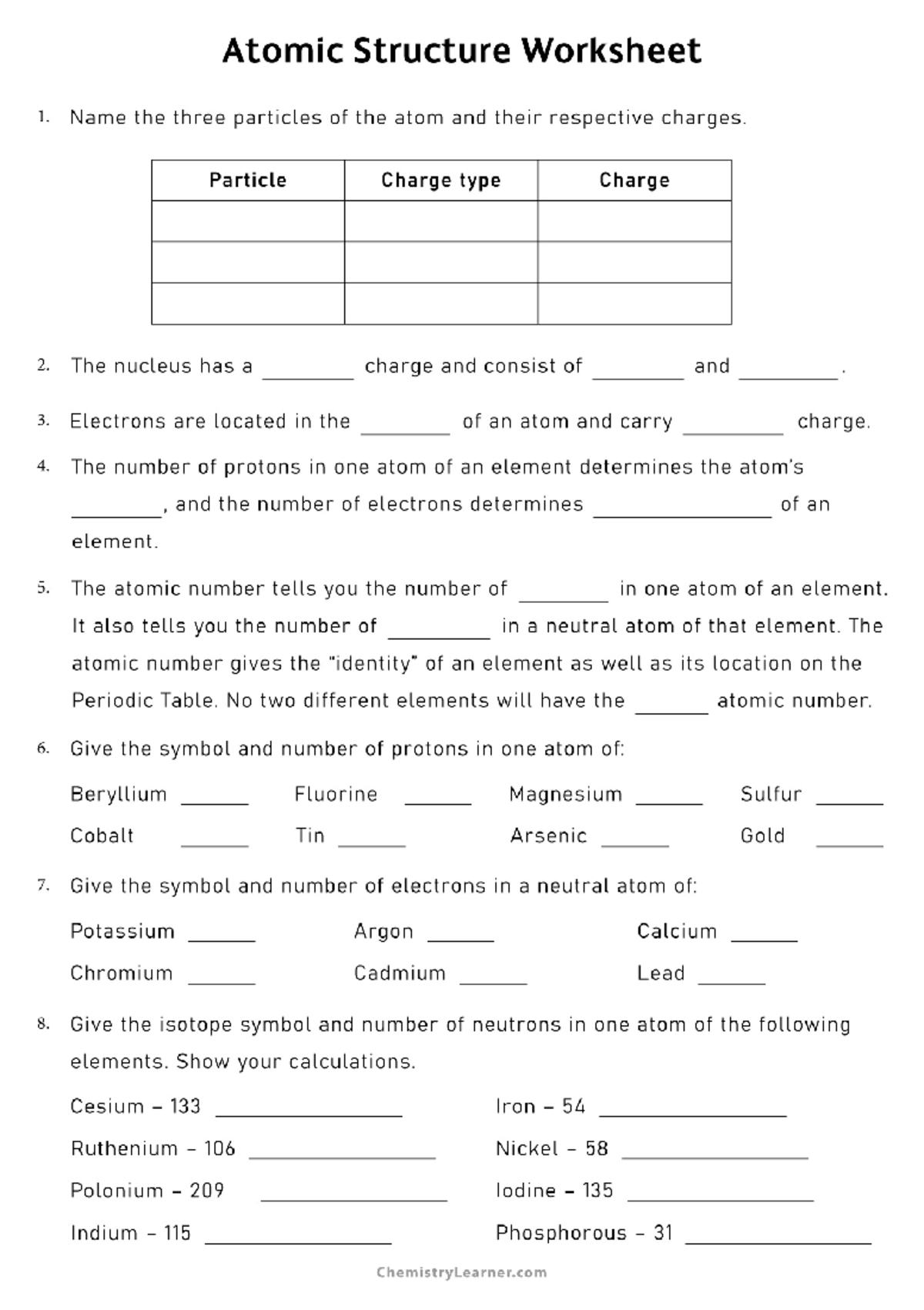 Atomic Structure Worksheet 2: Particles, Charges, and Isotopes - Studocu
