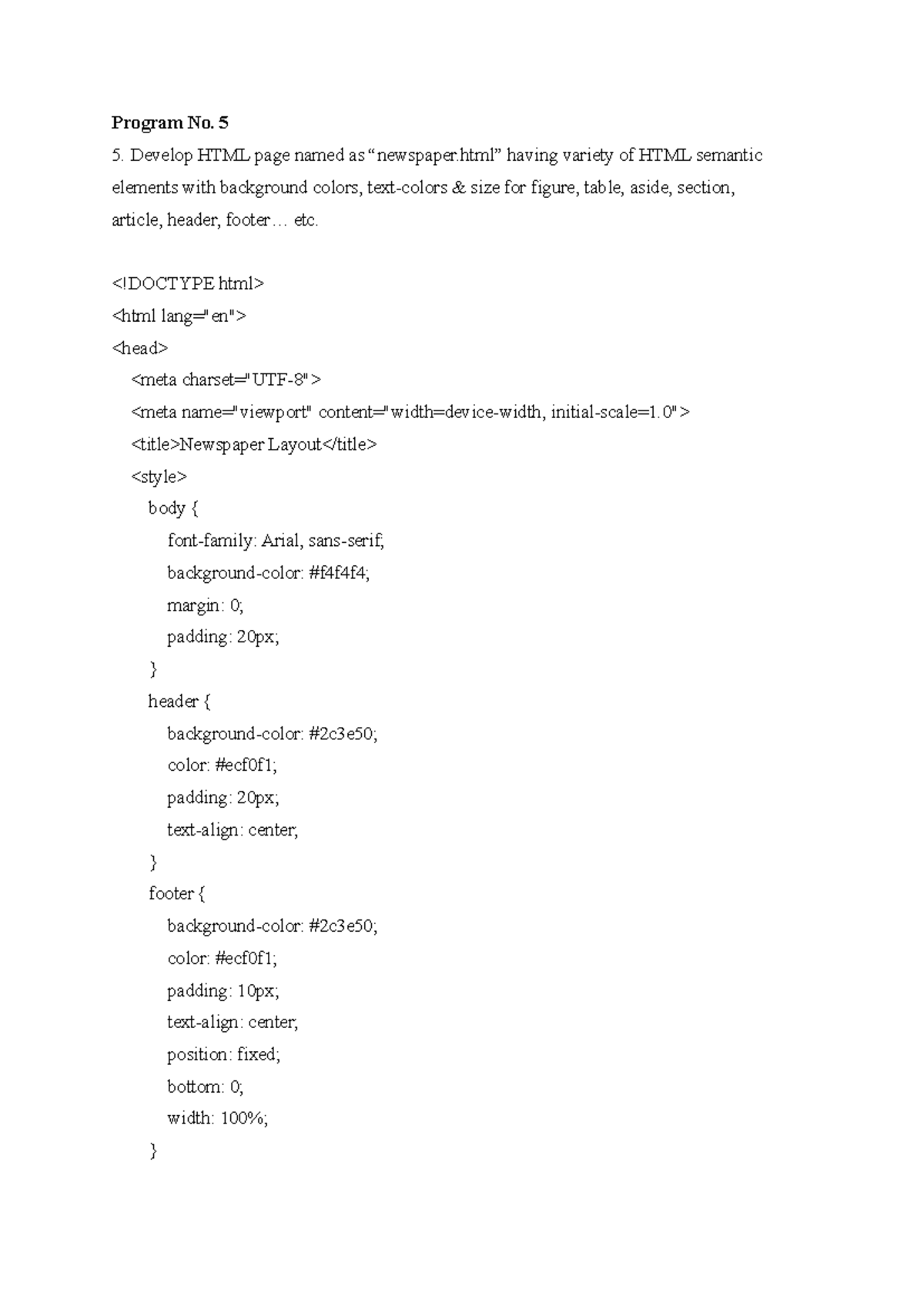 HTML Page Development: Program No. 5 - Semantic Elements & Styles - Studocu