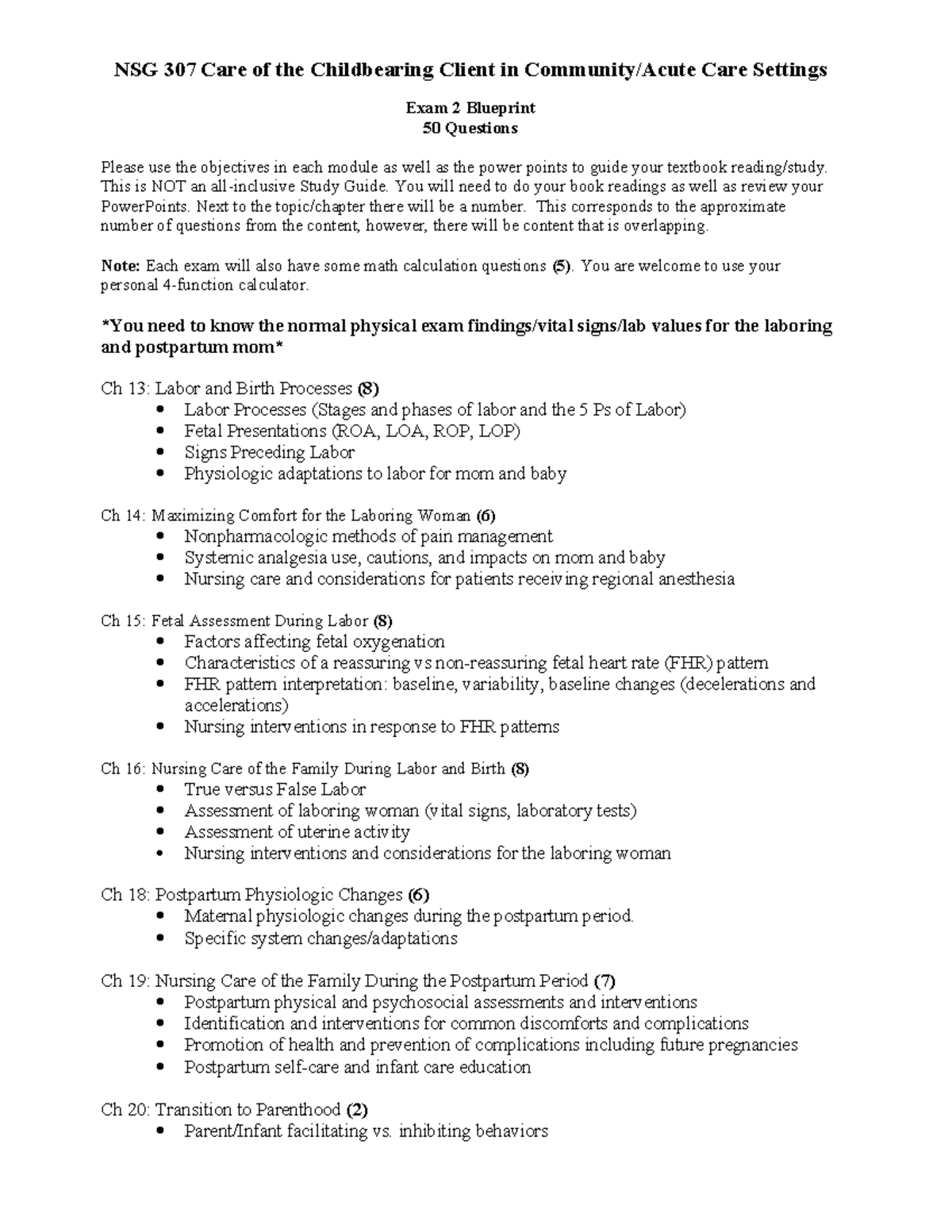 NSG 307 Exam 2 Blueprint: Childbearing Client Care Overview - Studocu