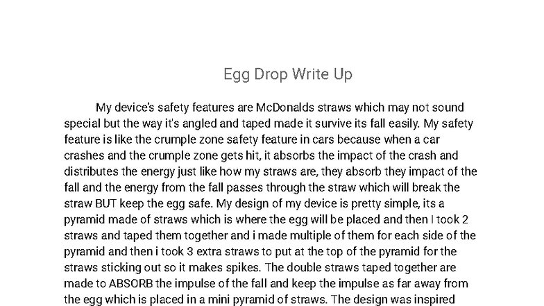EGG 101: Andrew's Egg Drop Project Write-Up and Design Analysis - Studocu