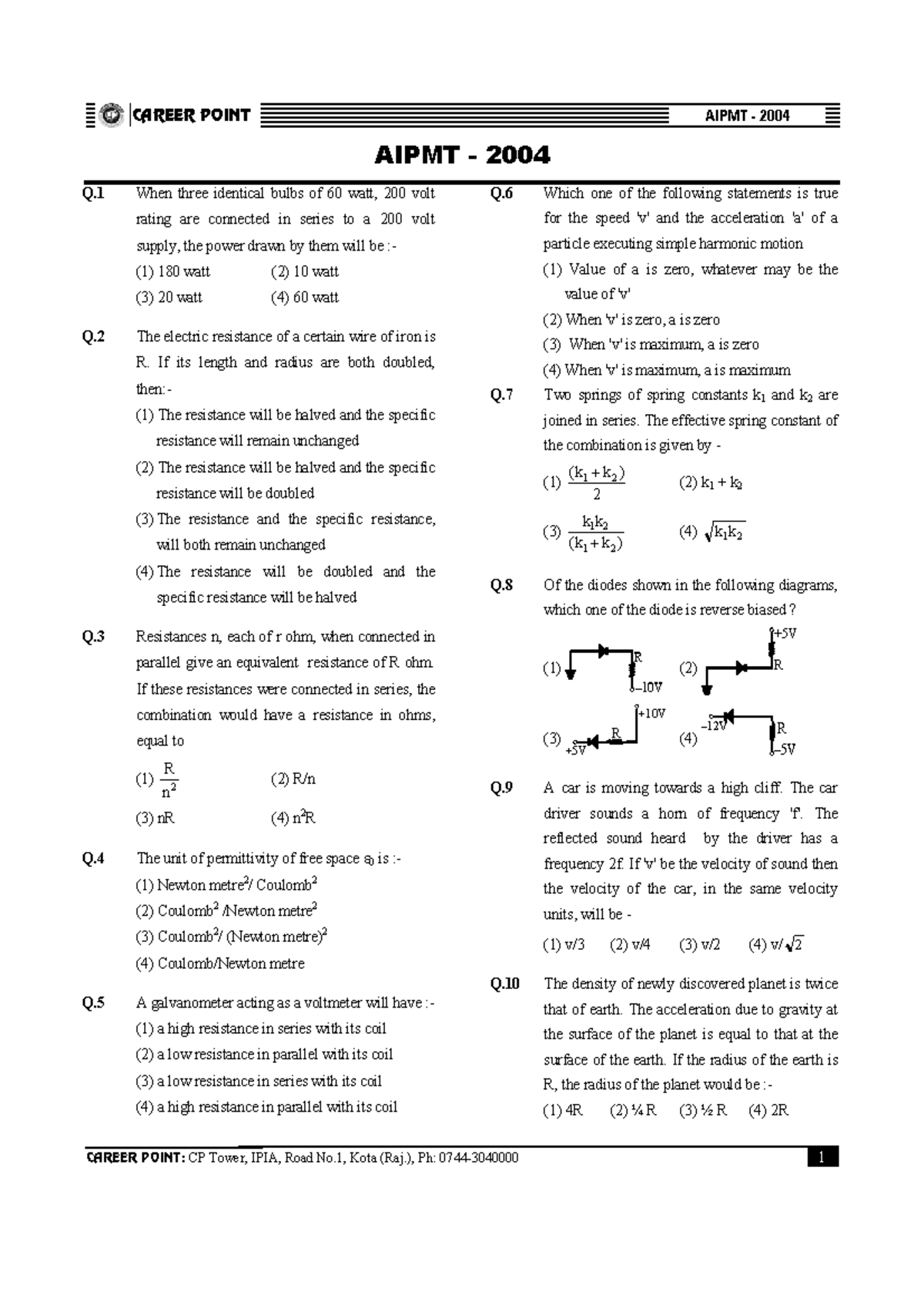 NEET 2004 - Comprehensive Question Set - Studocu
