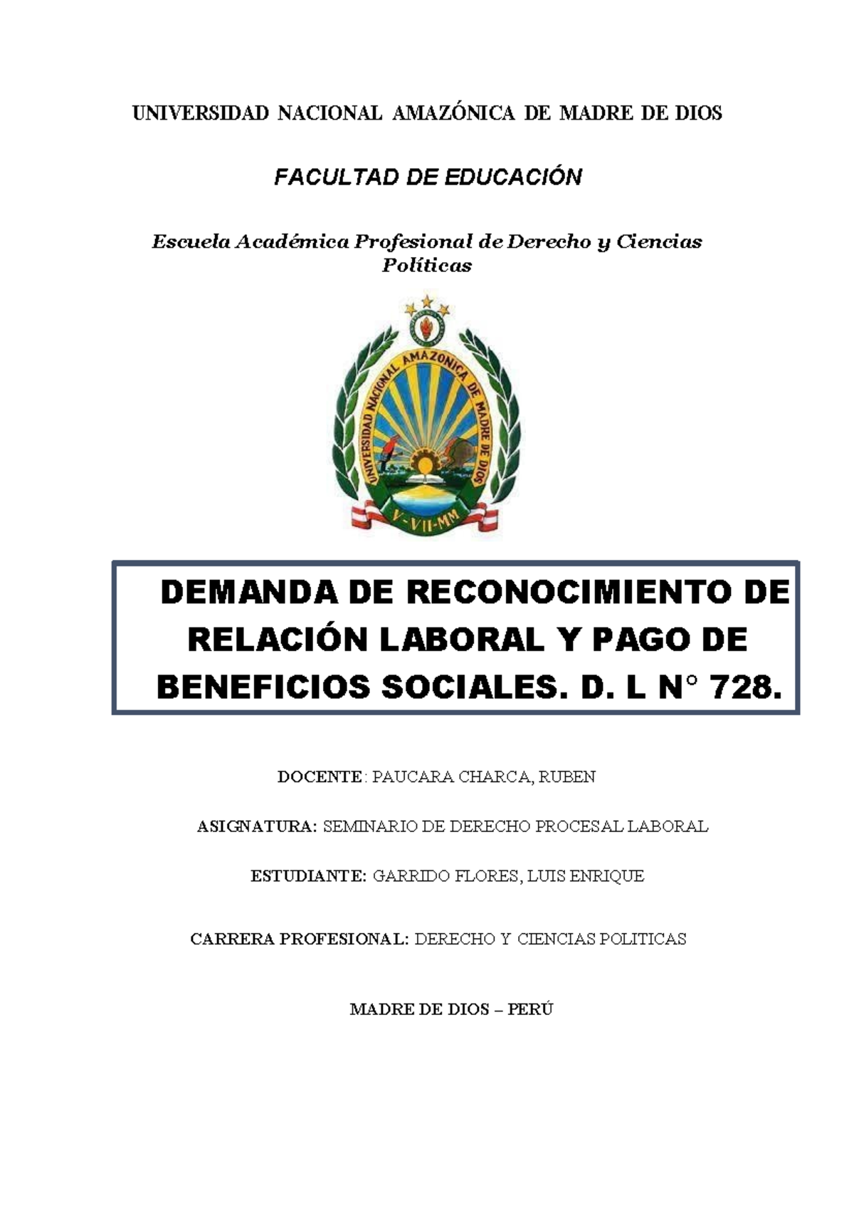 Demanda de Reconocimiento Laboral y Beneficios Sociales - D. L 728 - Document Preview