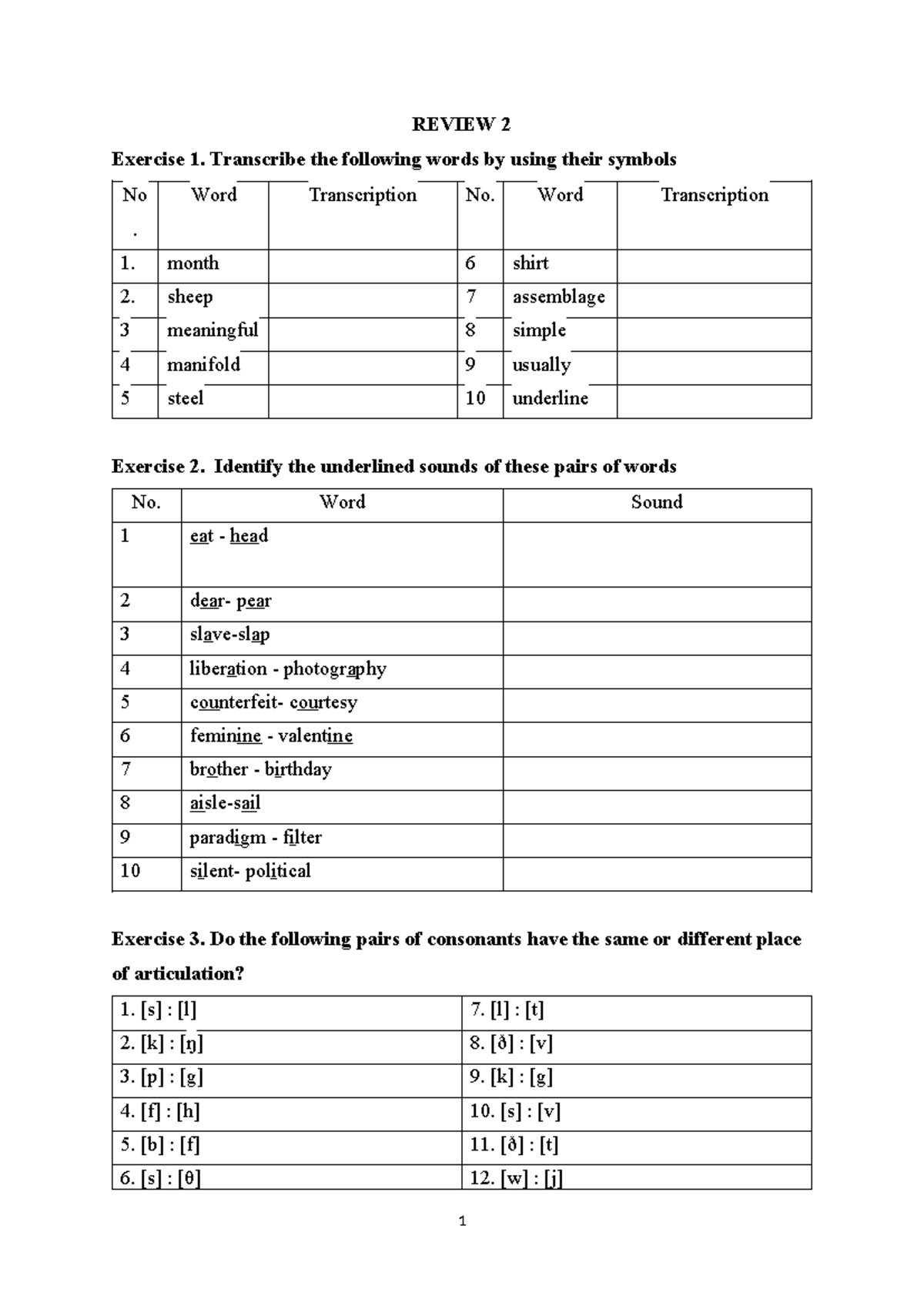 Review Section 2 - Phonetics Exercises and Transcriptions - Studocu