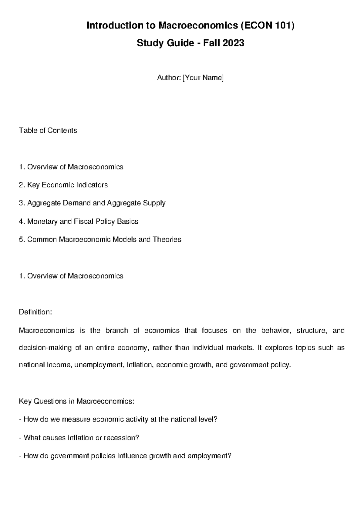 Introduction to Macroeconomics Study Guide - Introduction to ...