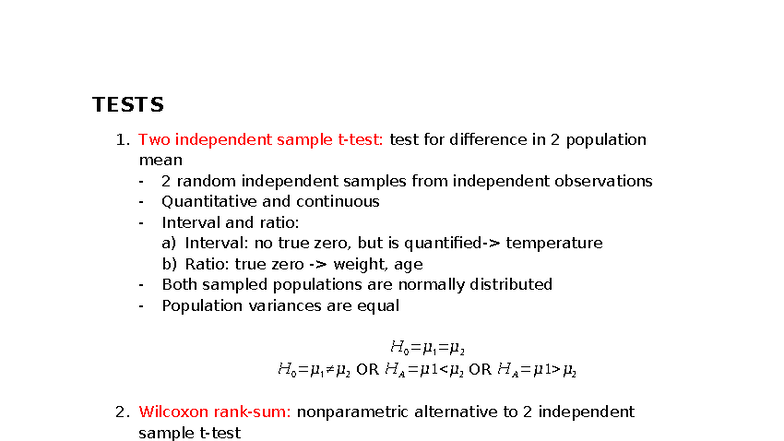 Qm Final Exam Summary: Statistical Tests for Population Means and ...
