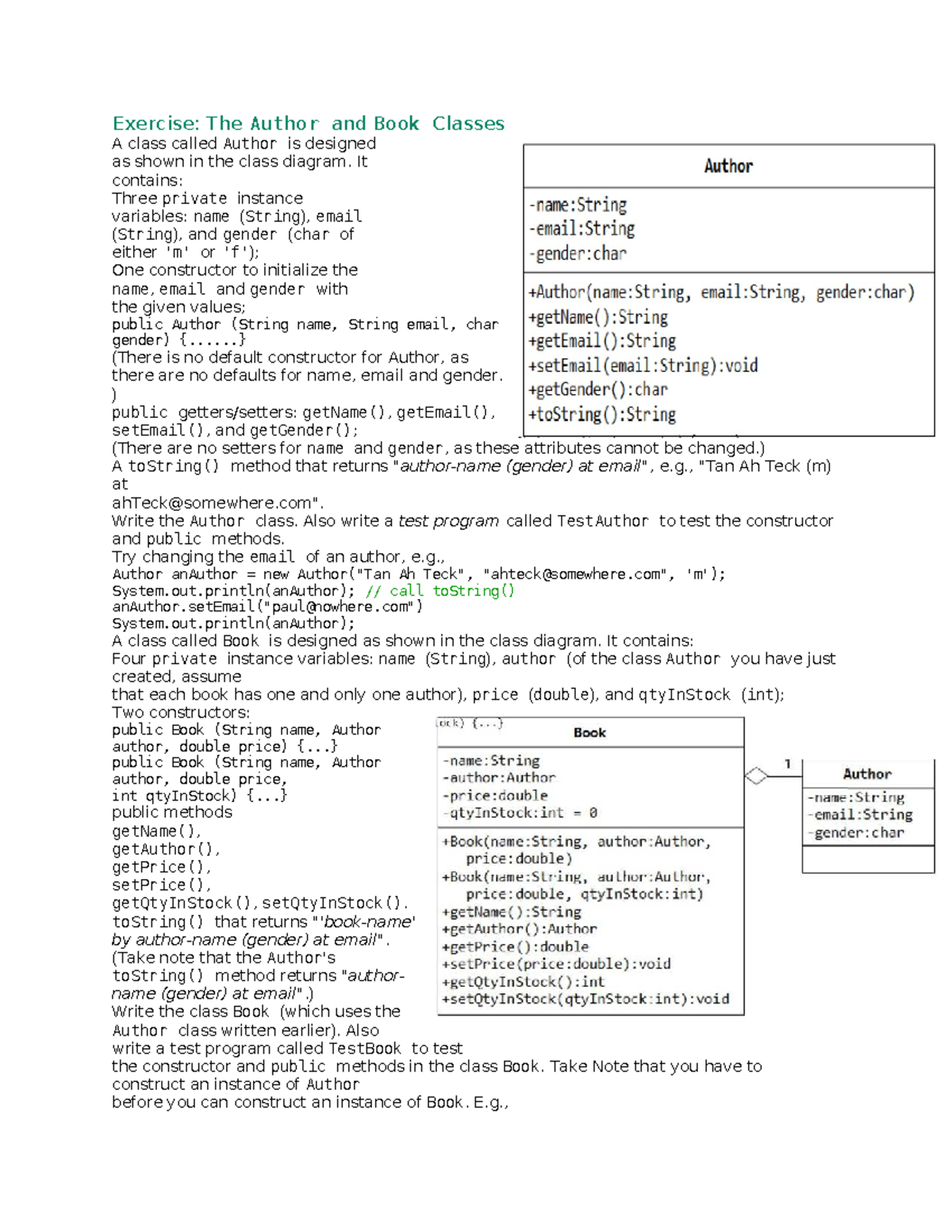 Java Lab03: Author and Book Classes Exercise - Studocu