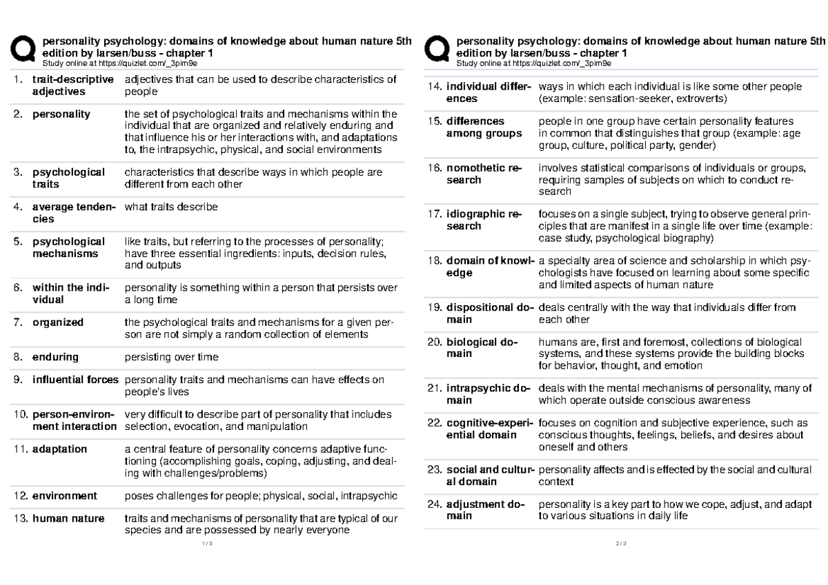Chapter 1 flashcards - personality psychology: domains of knowledge