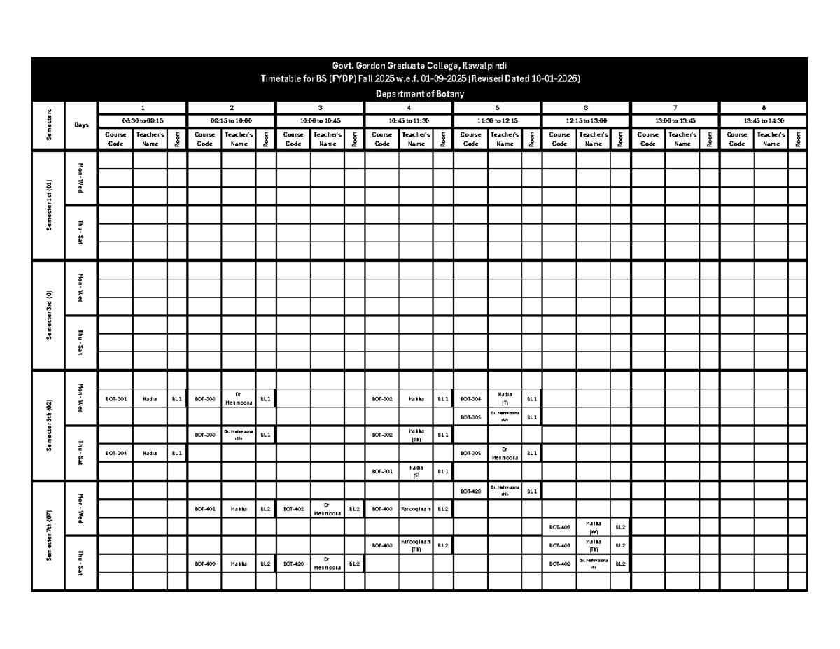Govt. Gordon Graduate College Timetable for BS (FYDP) Fall 2025 - Studocu