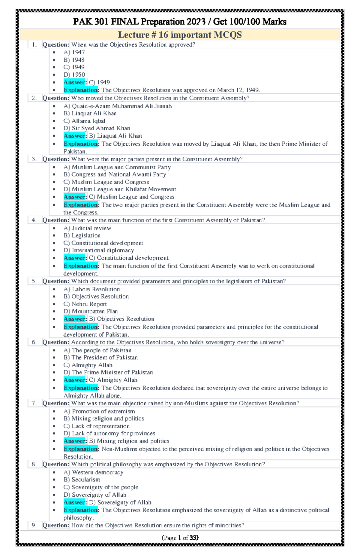 PAK 301 FINAL Exam Prep 2023: Key MCQs & Insights - Studocu