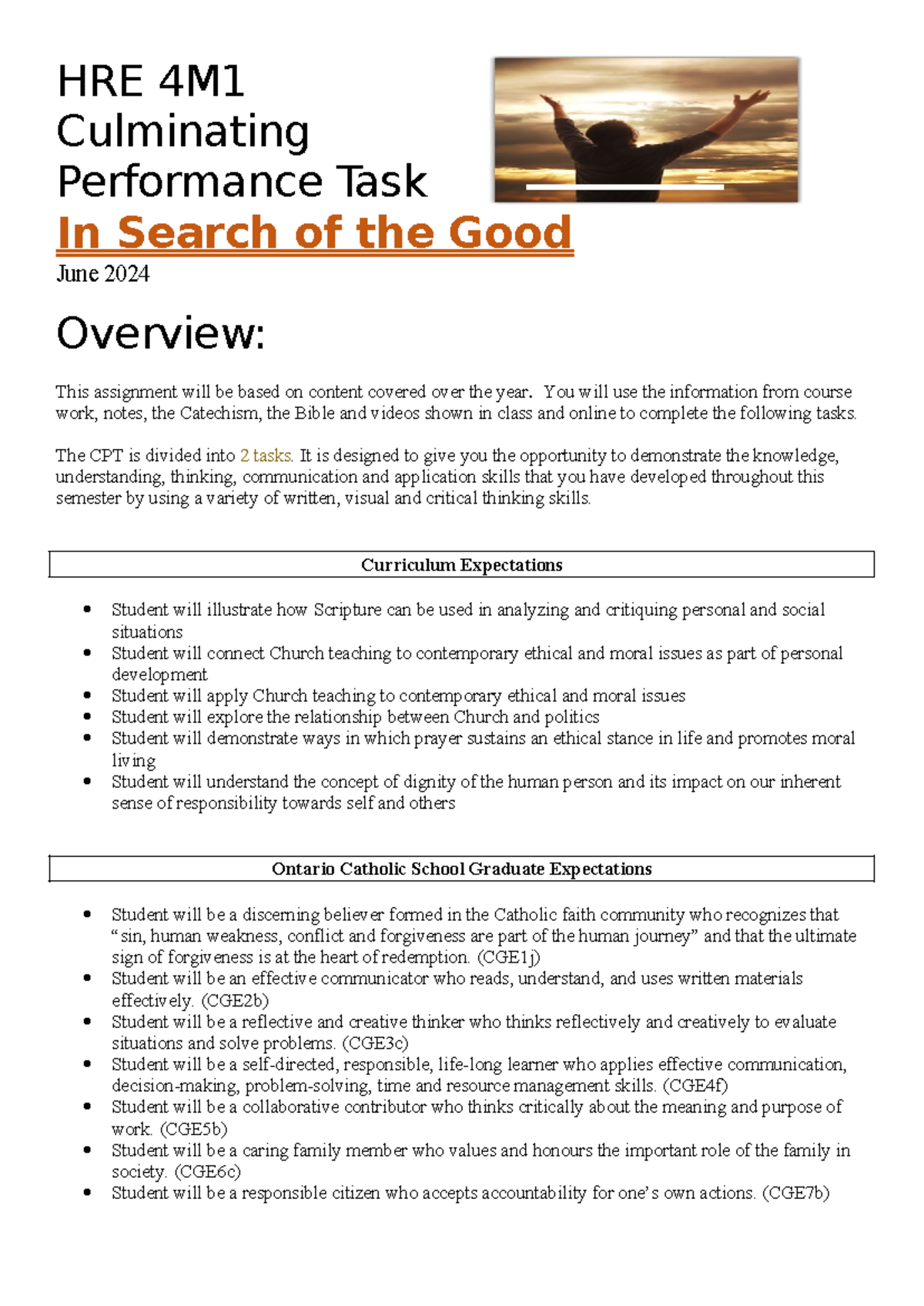 HRE 4M Culminating Performance Task: In Search of the Good 2024 - Studocu