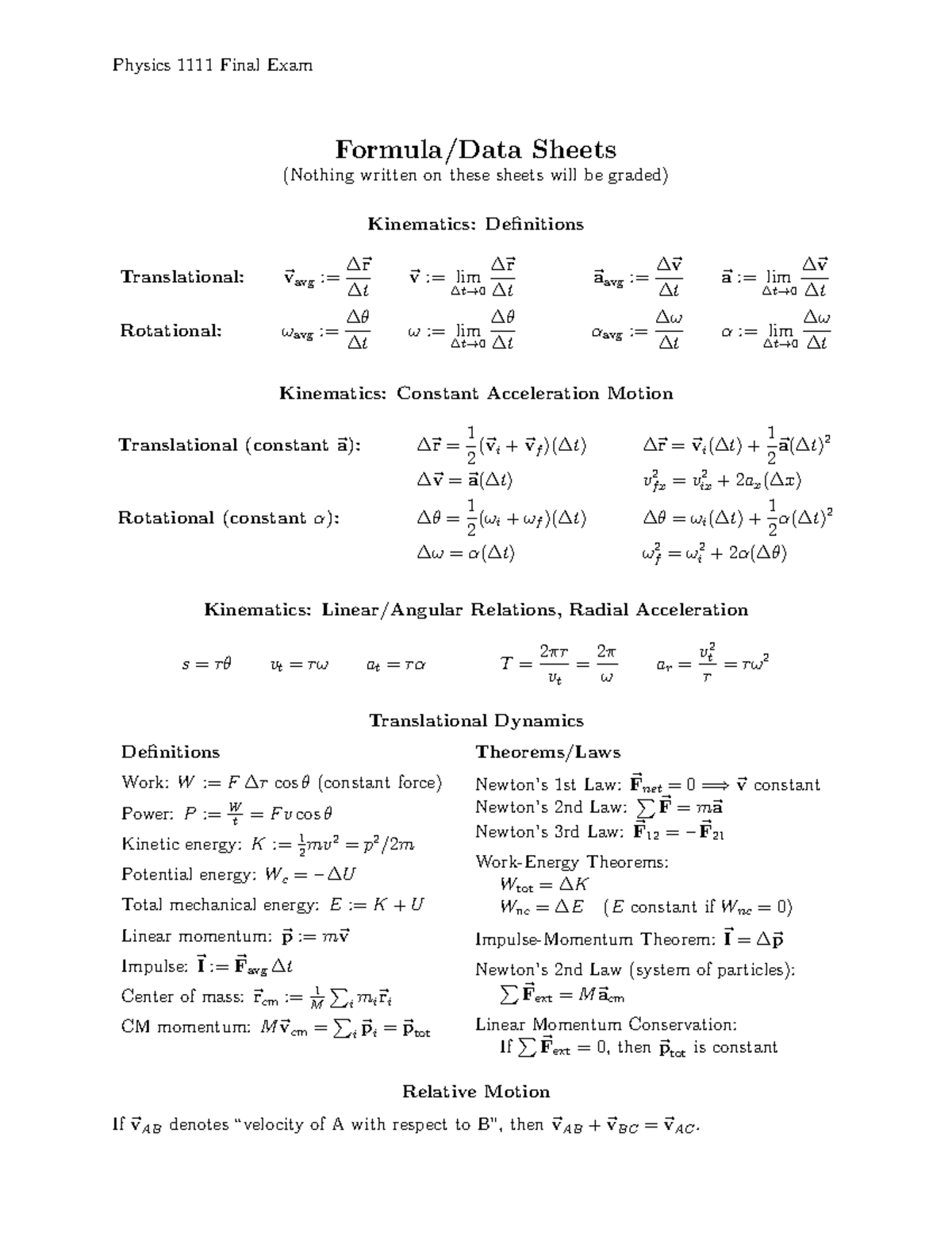 Physics 1111 Sp26 Final Exam Formula Sheet: Kinematics & Dynamics - Studocu