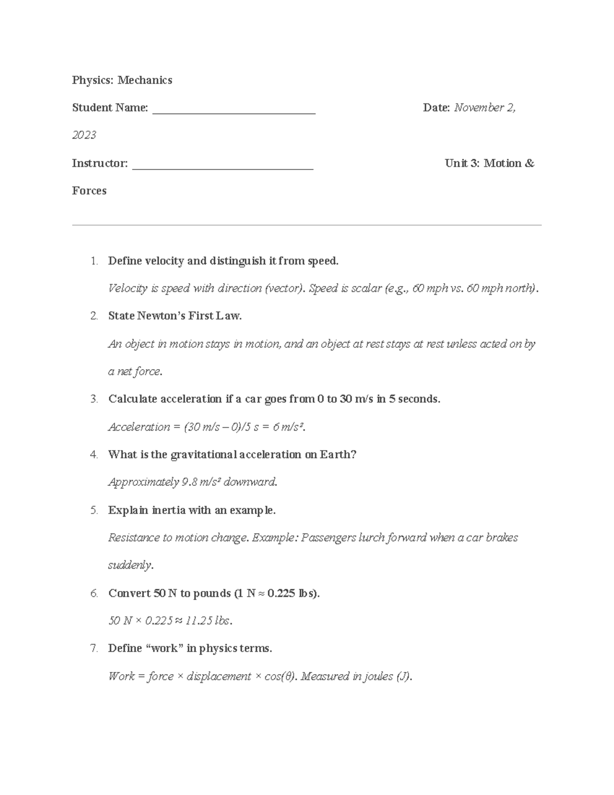 Physics homework - Notes - Physics: Mechanics Student Name ...