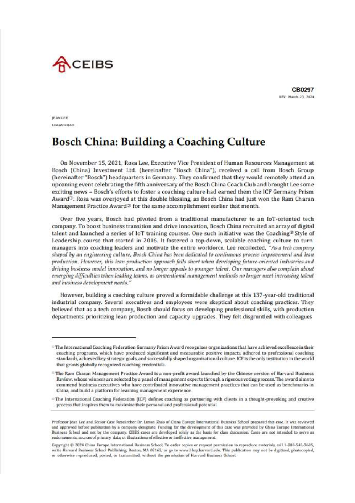 CEIBS CB0297: Bosch China - Cultivating a Coaching Culture - Studocu