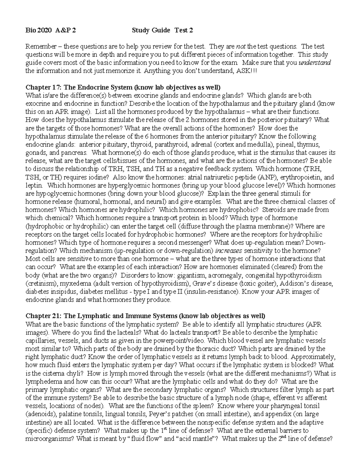 A&P II 2020 Study Guide for Test 2: Key Concepts & Review - Studocu