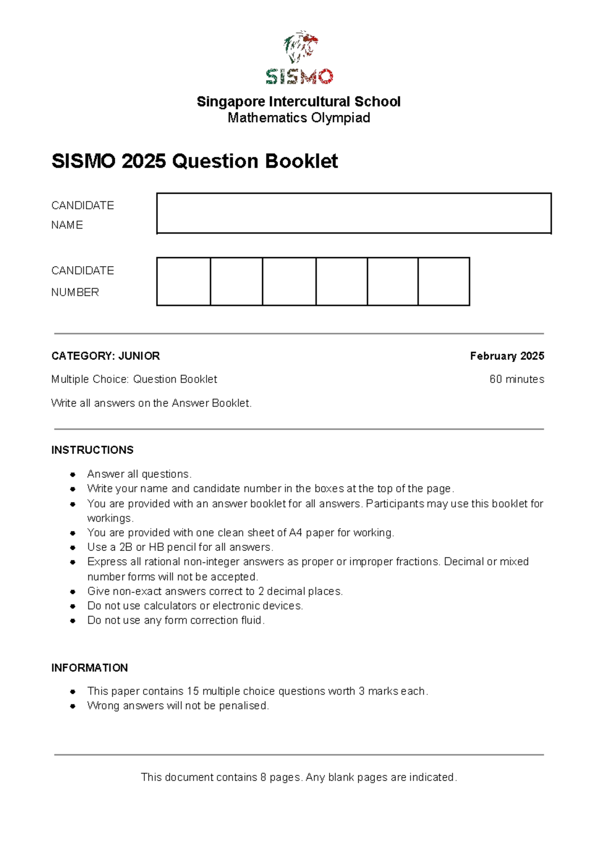SISMO 2025 Junior Mathematics Olympiad Question Booklet - Studocu