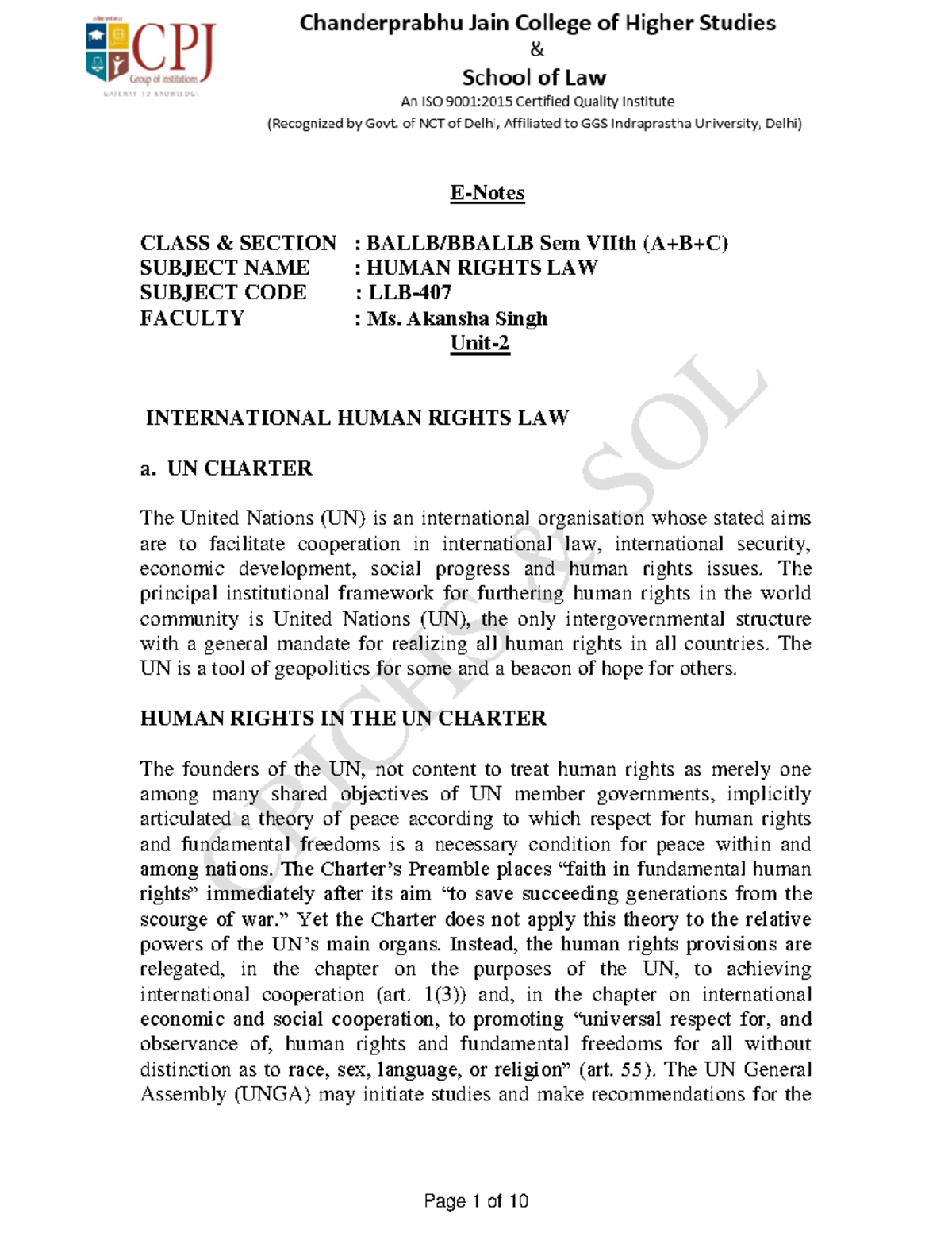E-Notes for Human Rights Law (LLB - Sem VII) Unit 2 Overview - Studocu