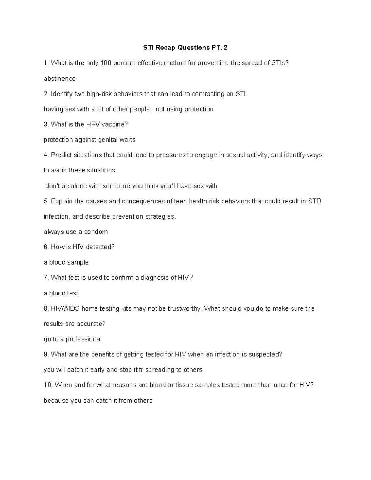 STI Recap Questions PT. 2: Key Concepts and Prevention Strategies - Studocu