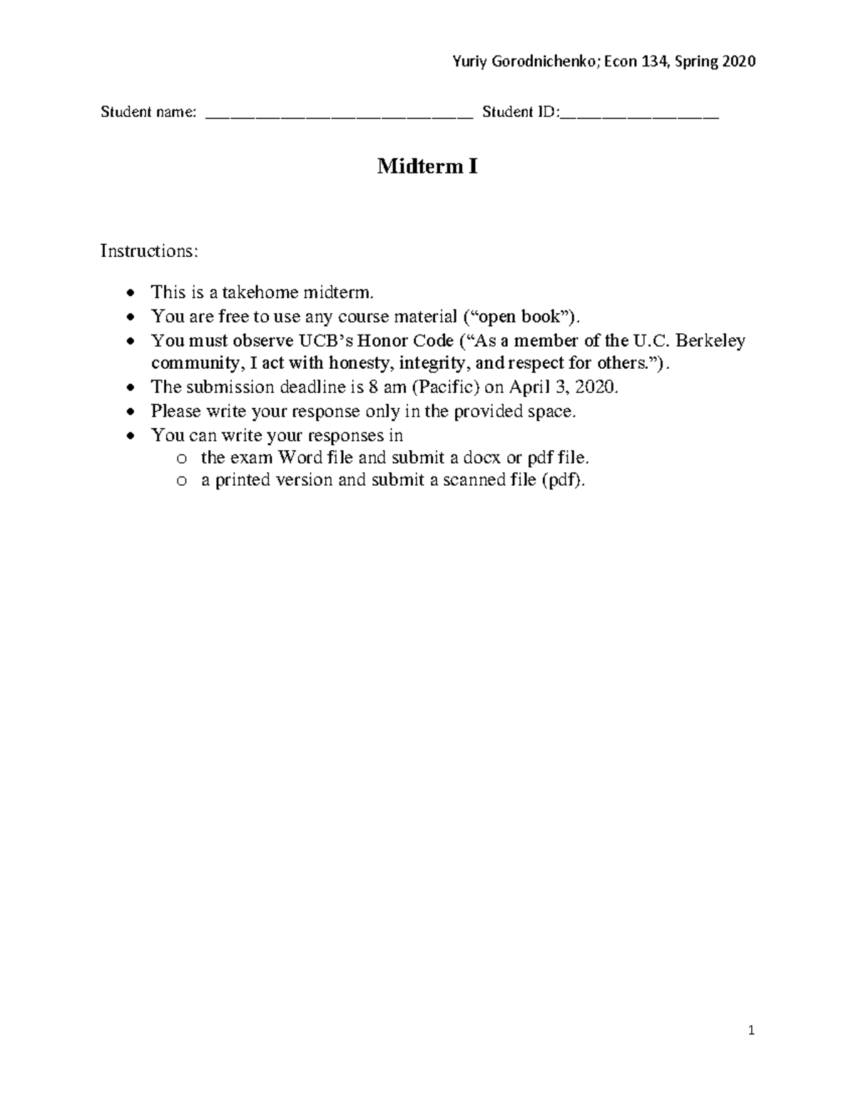 Midterm I Exam - ECON 101 - Spring 2020 Takehome Instructions - Studocu