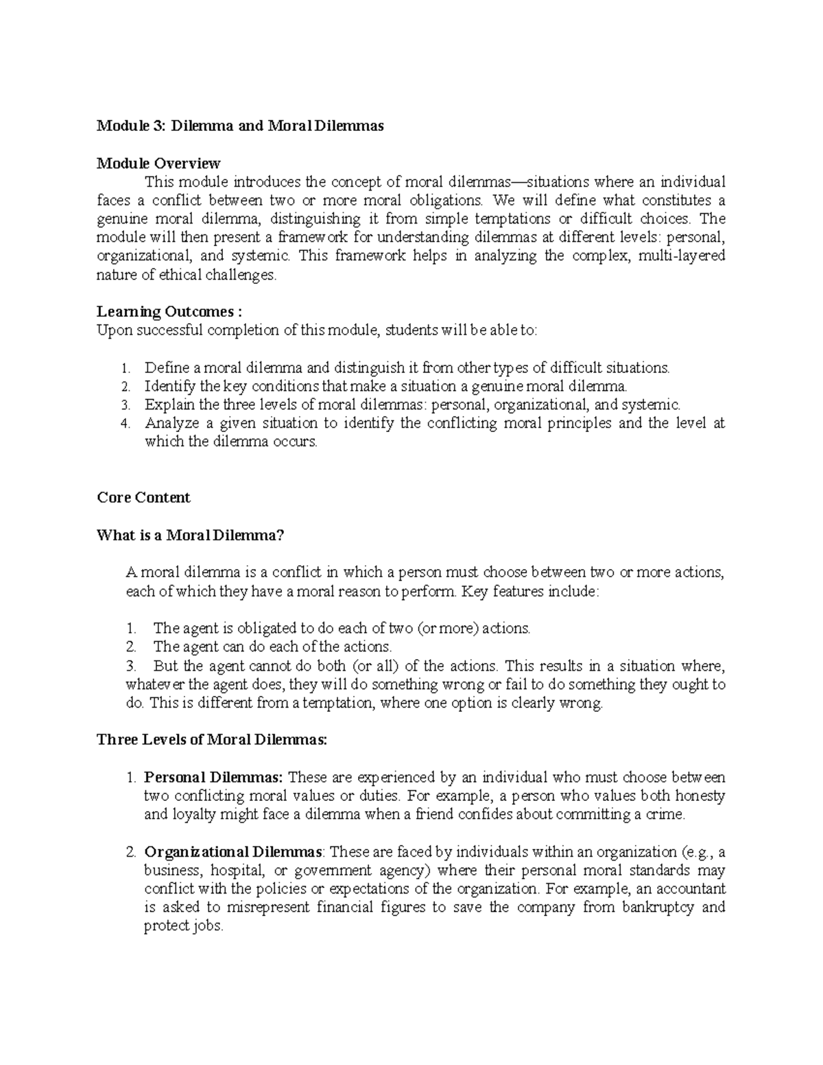 Moral Dilemmas: Analyzing Personal, Org, and Systemic Levels (Module 3 ...