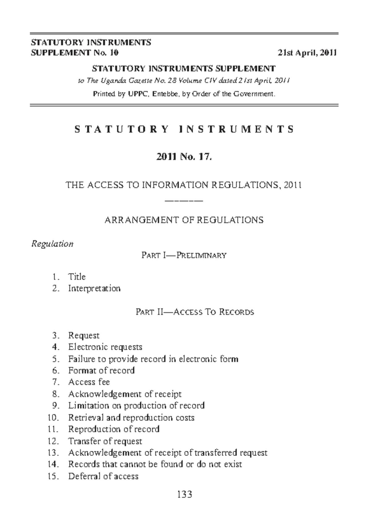 Access to Information Regulations 2011 - Statutory Instruments No. 17 ...