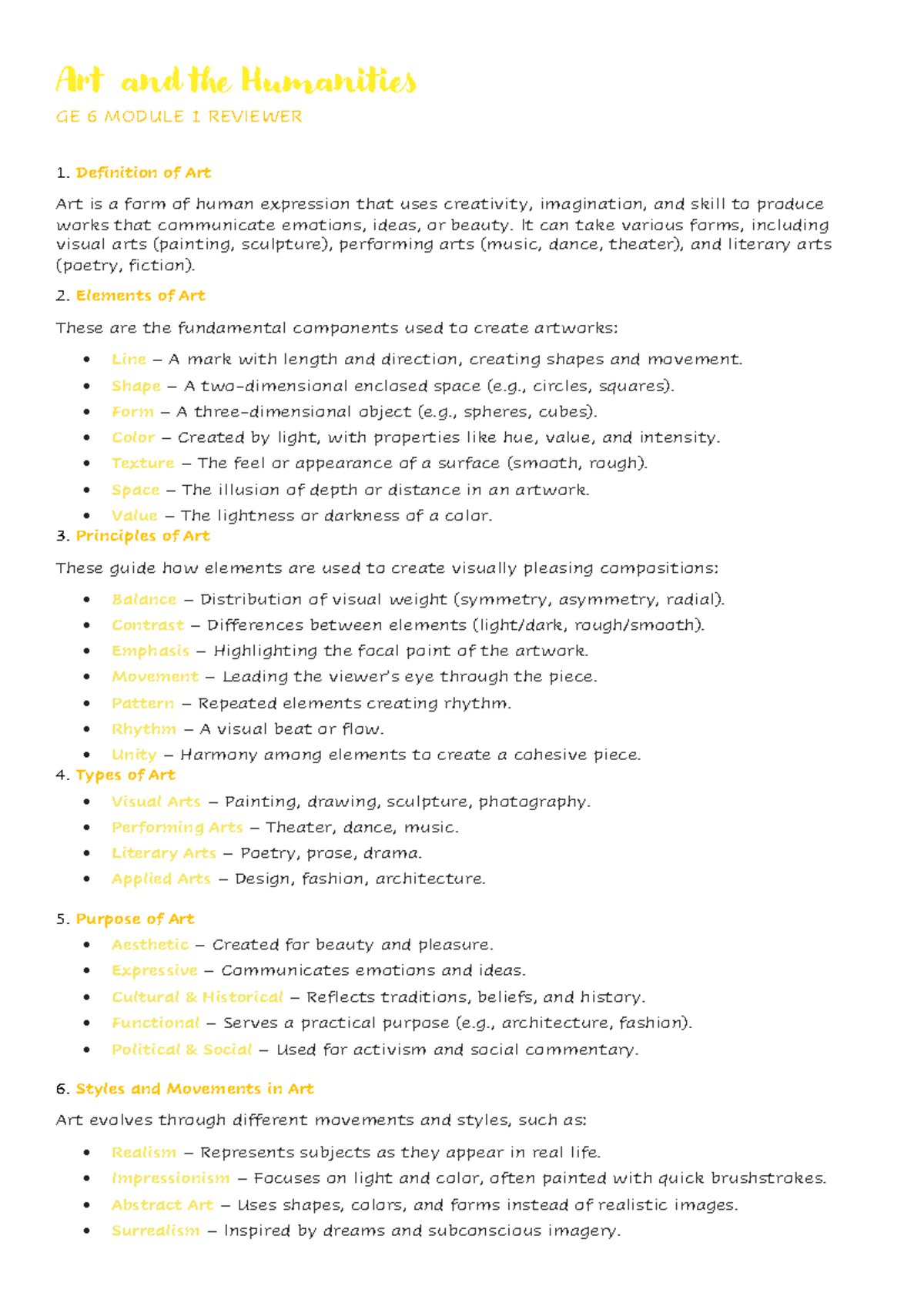 Art and the Humanities GE 6 MODULE 1: Comprehensive Review Guide - Studocu
